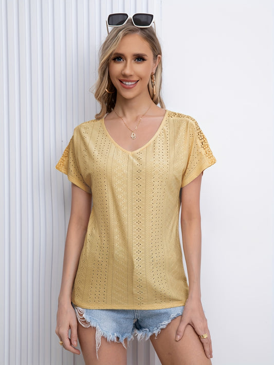 Sixsr V Neck Eyelet T-Shirt, Solid Short Sleeve Casual Top For Summer & Spring, Women's Clothing