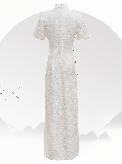 Elegant Chinese Vintage Lace Cheongsam - Short Sleeve Mandarin Collar Dress for Women