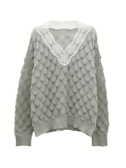 Sixsr Plus Size Elegant Sweater, Women's Plus Leaf Textured Contrast Guipure Lace Long Sleeve V Neck Pullover Jumper