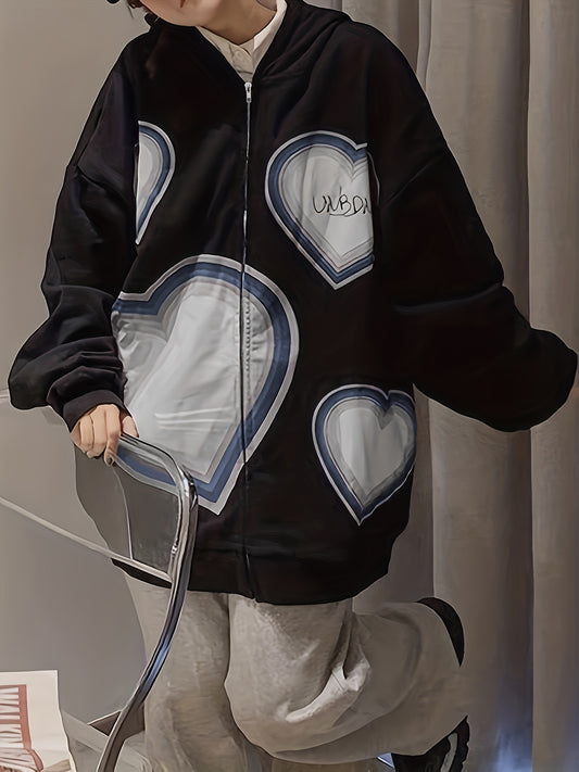Sixsr Heart Print Zip Up Drawstring Hoodie, Y2K Long Sleeve Drop Shoulder Hoodie, Women's Clothing
