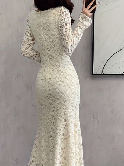 Sixsr Square Neck Lace Trumpet Dress, Chic Long Sleeve Ruched Mid Calf Dress, Women's Clothing