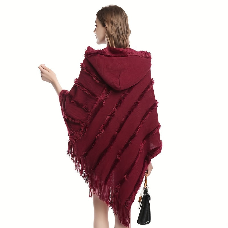 Sixsr Loose Knit Hooded Pullover Poncho Large Solid Color Batwing Tassel Shawl Autumn Winter Travel Outside Windproof Cape
