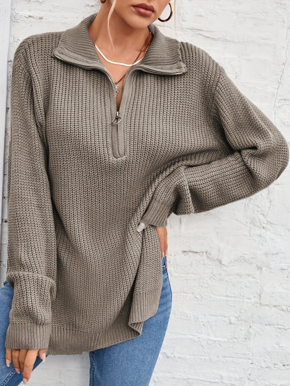 Sixsr Long Sleeve Half Zip Sweater, Side Slit Casual Sweater For Winter & Fall, Women's Clothing