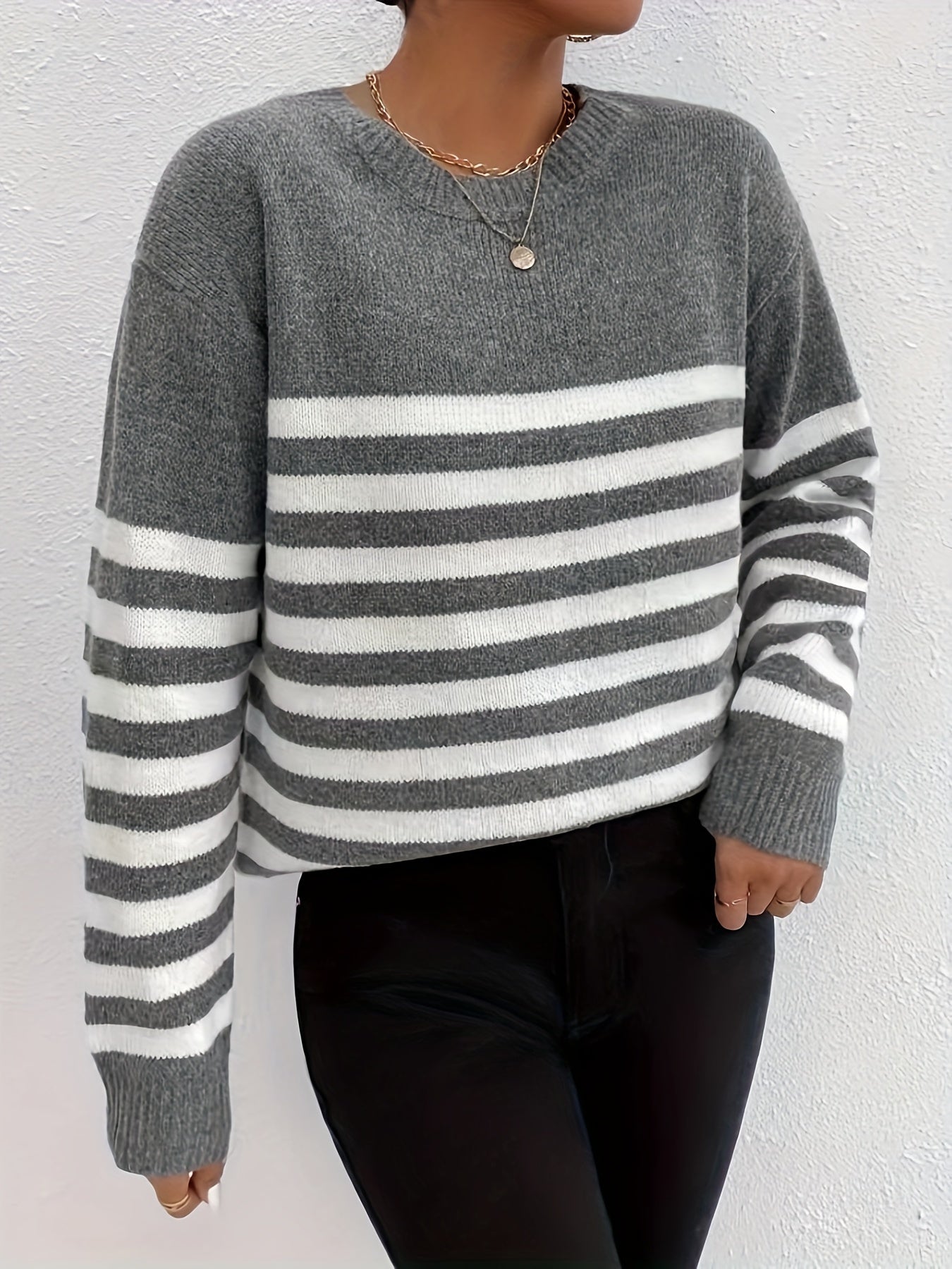 Sixsr Striped Crew Neck Pullover Sweater, Casual Long Sleeve Loose Knit Sweater, Women's Clothing