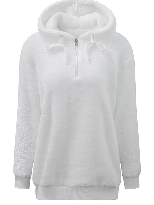 Sixsr Casual Drop Shoulder Drawstring Teddy Hoodie, Women's Solid Long Sleeve Half Zipper Sweatshirt Top