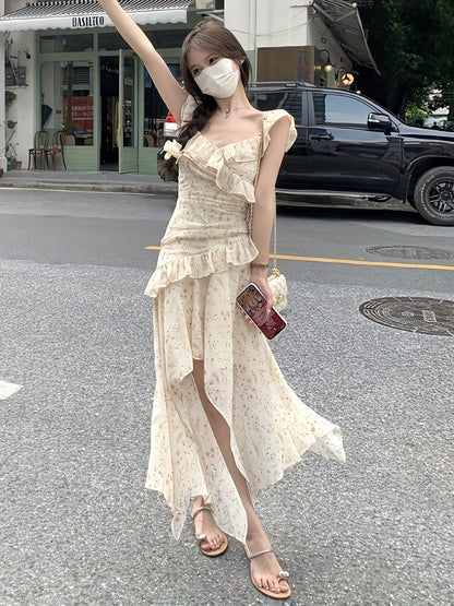 Sixsr Allover Print Ruffle Trim Dress, Versatile Asymmetrical Hem Dress For Spring & Summer, Women's Clothing