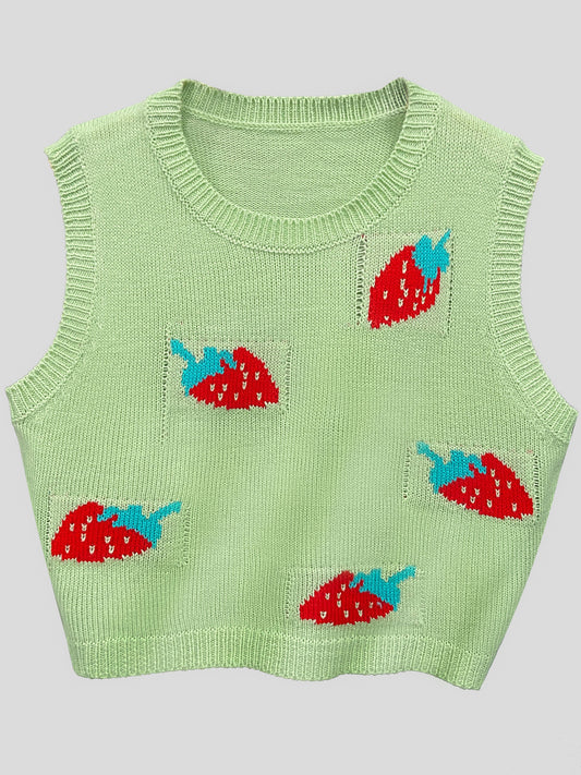 Sixsr Strawberry Print Sweater Vest, Cute Preppy Crew Neck Sleeveless Vest, Women's Clothing