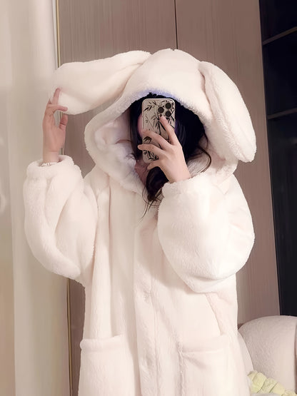 Sixsr Cute Rabbit Hooded Fleece Night Robe, Thickened Long Sleeve Button Up Robe With Pockets, Women's Sleepwear & Dresses