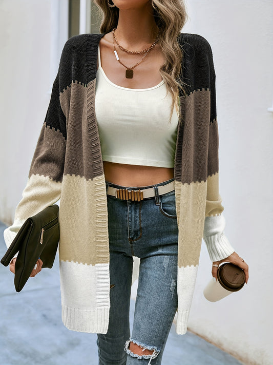 Sixsr V-neck Loose Striped Color Block Cardigans, Casual Drop Shoulder Long Sleeve Fall Winter Knit Cardigan, Women's Clothing