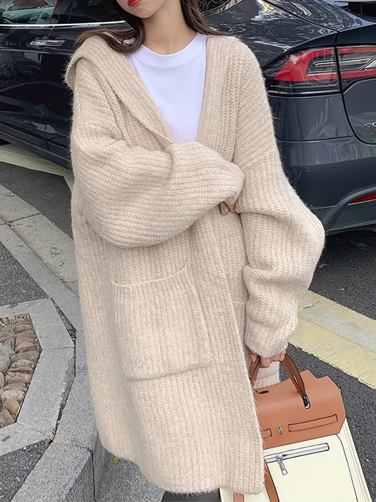 Sixsr Solid Open Front Cardigan, Casual Long Sleeve Hooded Pockets Cardigan, Women's Clothing