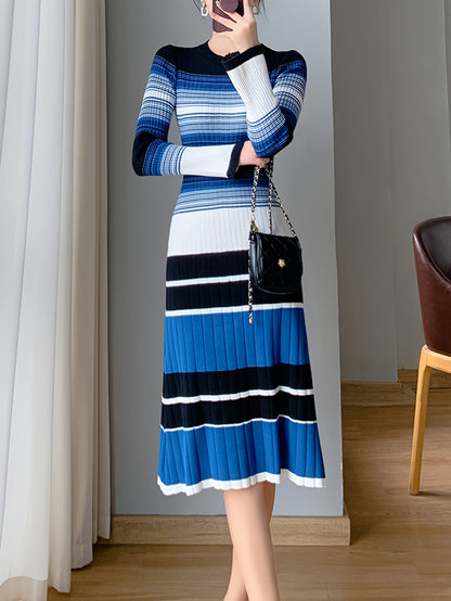 Sixsr Striped Print Long Sleeve Knit Dress, Elegant Crew Neck A-line Dress, Women's Clothing