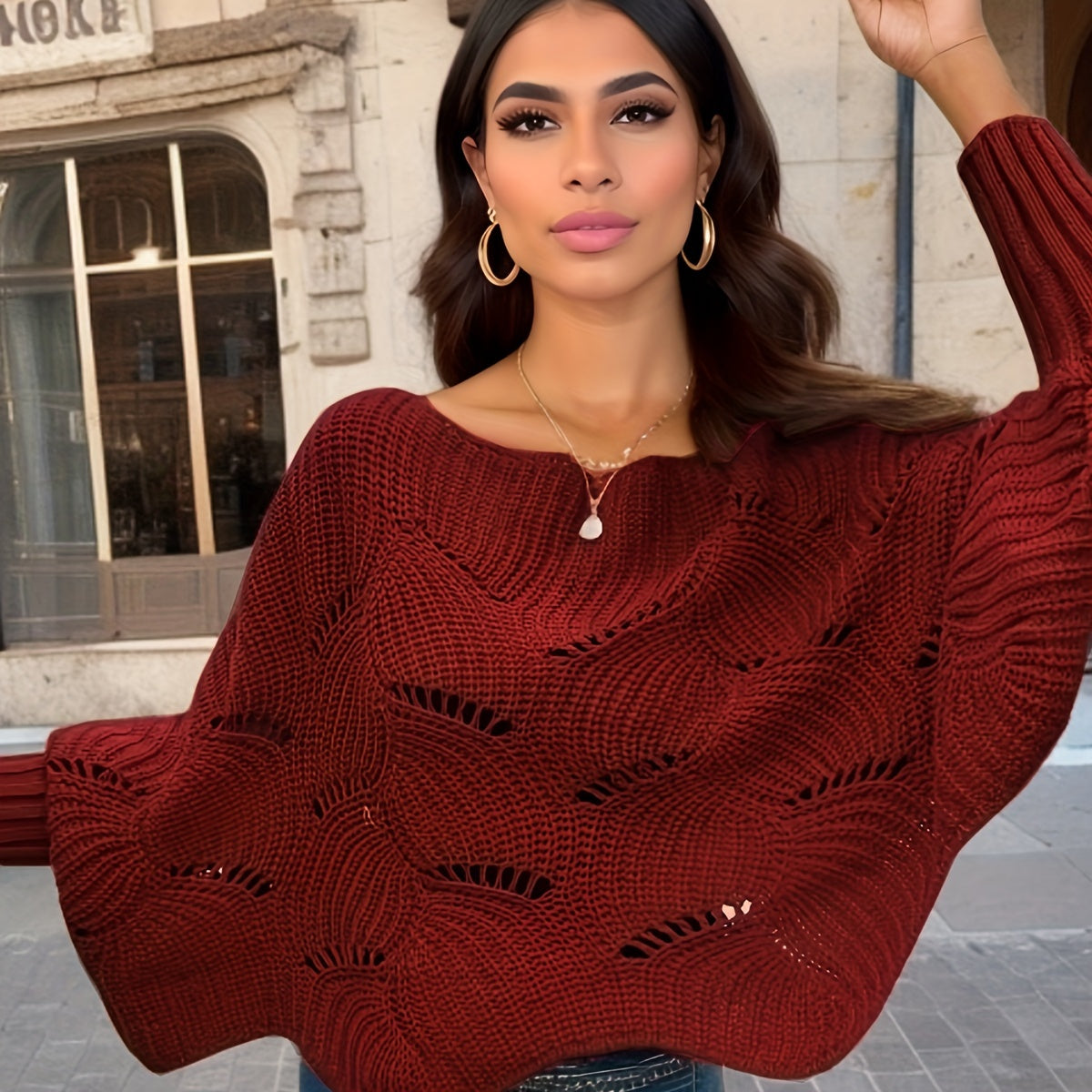 Sixsr Knitted Hollow Out Pullover Poncho Solid Color Batwing Loose Shawl Women's Stylish Round Neck Outerwear Smock