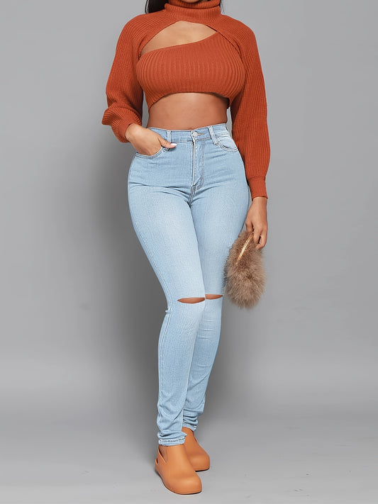 Sixsr High Rise Ripped Skinny Jeans, High Waist Curvy Distressed Long Stacked Hem Denim Pants, Women's Denim & Clothing