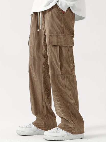 Sixsr Corduroy Multi Flap Pockets Men's Straight Leg Cargo Pants, Loose Baggy Pant Casual Outdoor Pants, Men's Work Pants For Hiking Fishing Angling