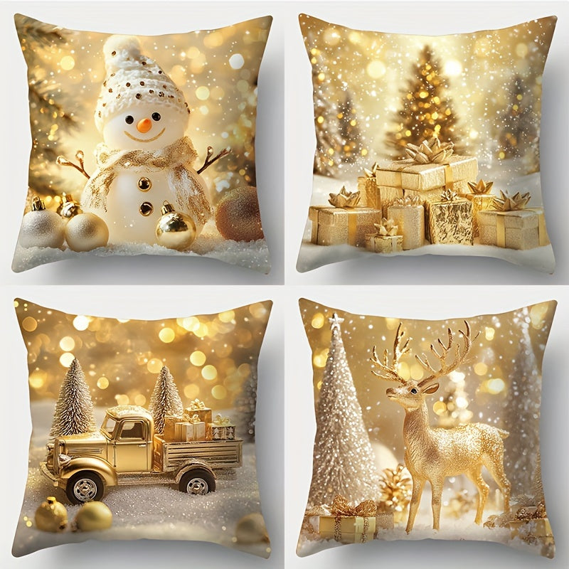Set of 4 Christmas Throw Pillow Covers, Contemporary Style Hand Wash Zippered Polyester Cushion Cases, 17.72 Inch Square Decorative Pillowcases with Snowman, Reindeer, Christmas Tree, and Truck Designs for Living Room Sofa Decor