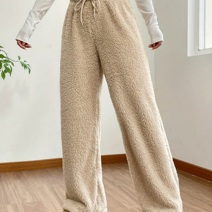 Sixsr Solid Color Teddy Bear Pants, Casual Drawstring Wide Leg Loose Pants, Women's Clothing