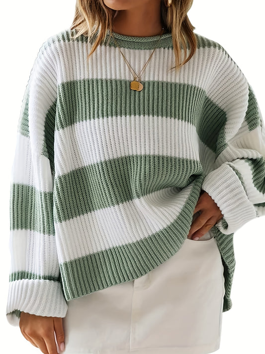 Sixsr Plus Size Casual Sweater, Women's Plus Colorblock Eyelet Embroidered Long Sleeve Round Neck Pullover Sweater