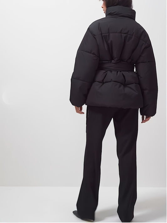 Sixsr Solid Zip & Button Front Coat, Casual Stand Collar Long Sleeve Winter Warm Outerwear, Women's Clothing