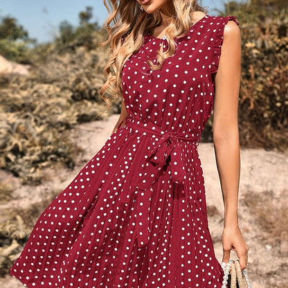 Sixsr Polka Dot Pleated Dress, Casual Keyhole Ruffle Trim Dress, Women's Clothing