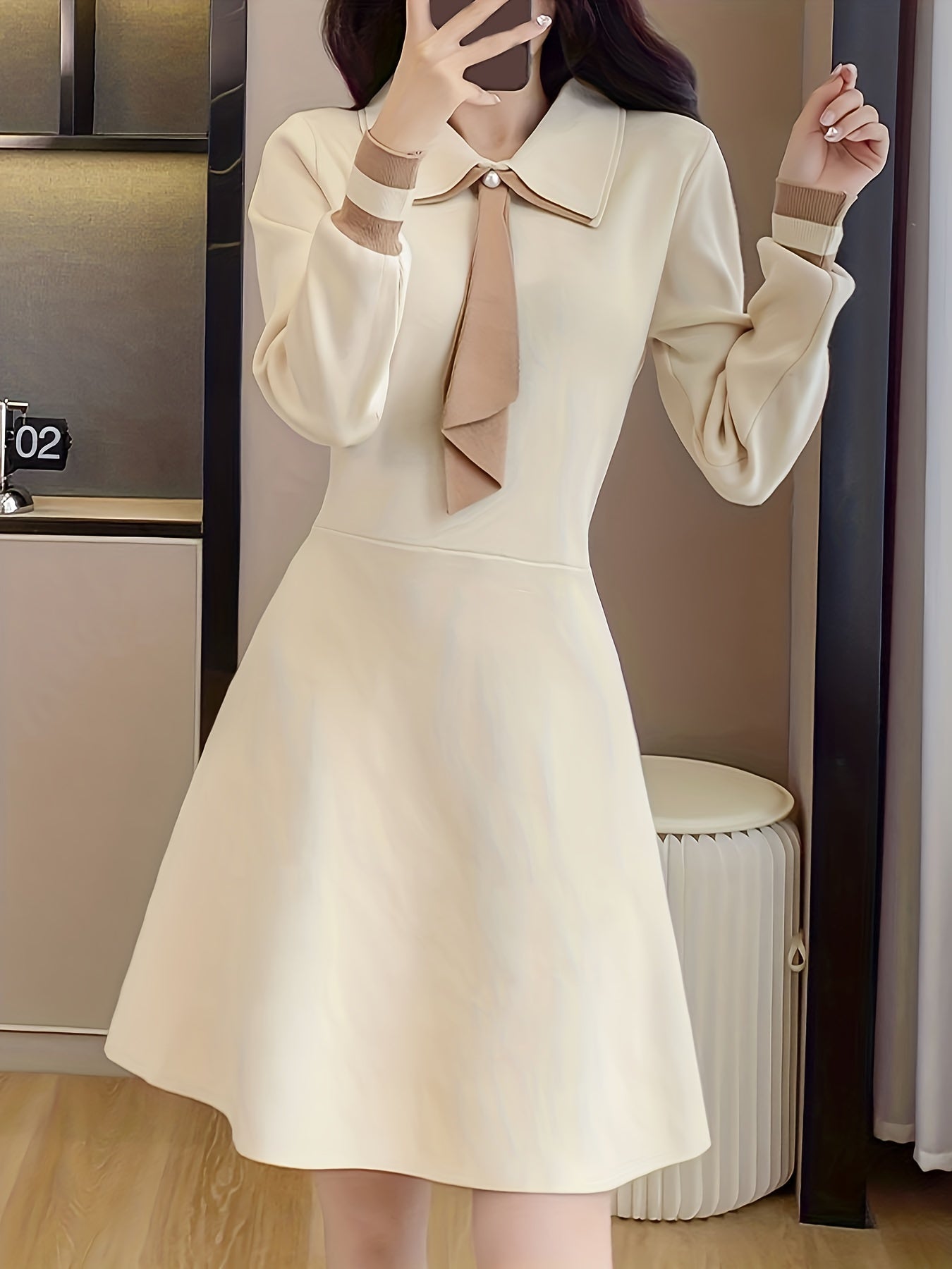 Sixsr Tie Neck A Line Dress, Elegant Long Sleeve Midi Dress, Women's Clothing