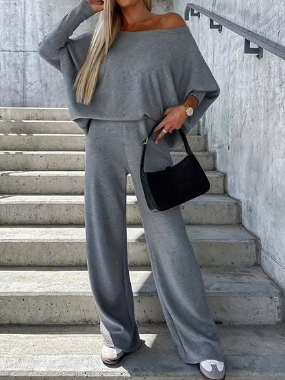 Sixsr Casual Solid Two-piece Set, One-shoulder Loose Top & Wide Leg Pants Outfits, Women's Clothing