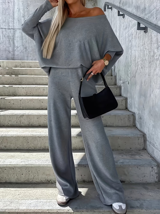 Sixsr Casual Solid Two-piece Set, One-shoulder Loose Top & Wide Leg Pants Outfits, Women's Clothing