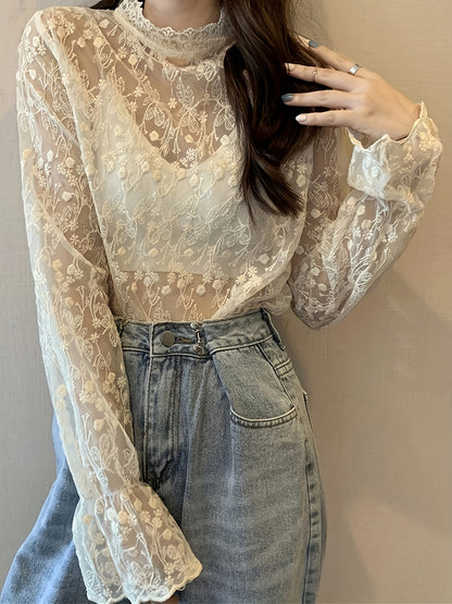 Sixsr Guipure Lace Overlay Flare Sleeve Blouse, Casual Mock Neck Long Sleeve Blouse, Women's Clothing