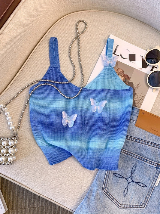 Sixsr Butterfly Pattern Gradient Knitted Cami Top, Casual V Neck Summer Sleeveless Top, Women's Clothing