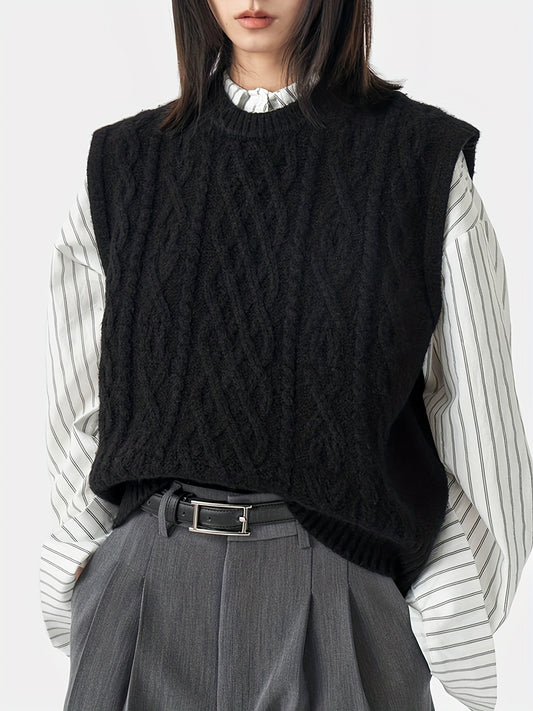 Sixsr Solid Chunky Knitted Sweater Vest, Vintage Crew Neck Sweater Vest For Fall & Winter, Women's Clothing