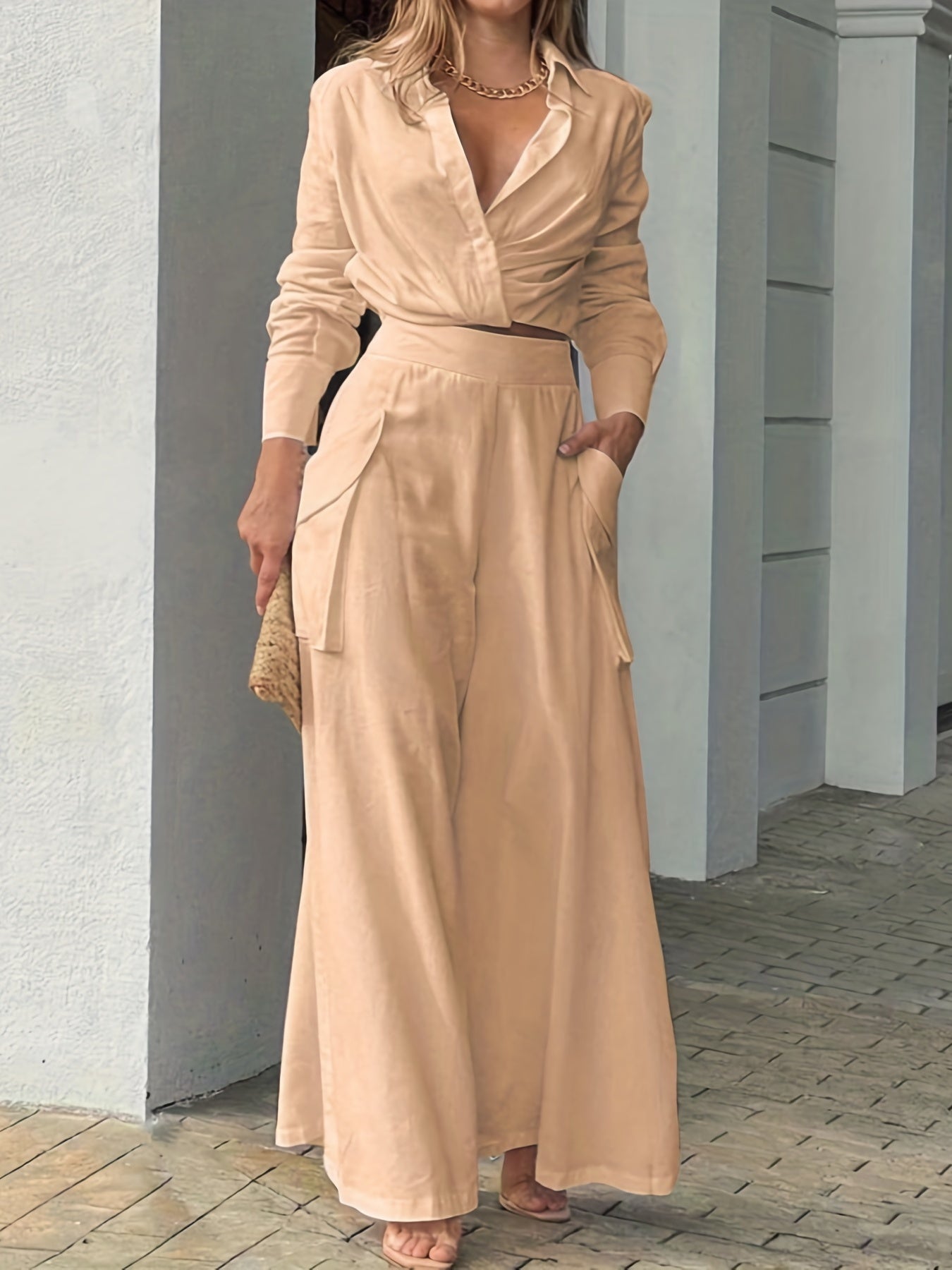 Women's Casual Two-piece Set - Long Sleeve Blouse and Wide Leg Pants for Comfortable and Stylish Outfits