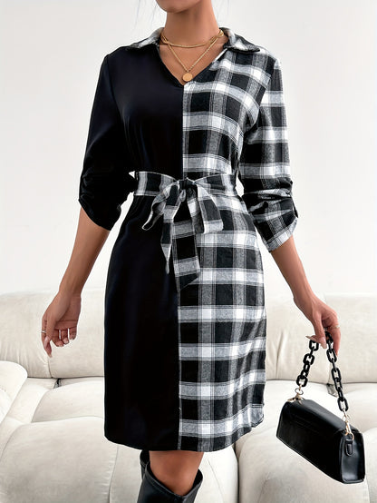 Sixsr Plaid Color Block Belted Dress, Elegant Long Sleeve Dress For Spring & Fall, Women's Clothing