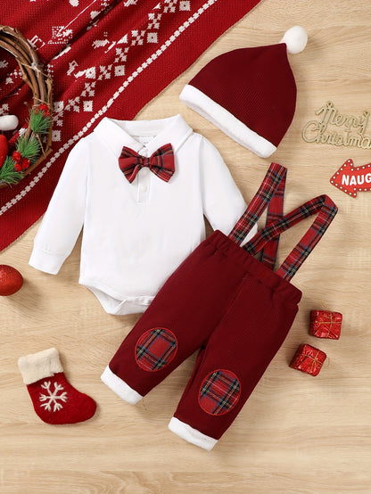 2pcs Infant Boys' Christmas Outfit Set – Long Sleeve Comfy Cotton Onesie + Plaid Suspender Pants + Christmas Hat, Cute Set For Fall/Winter