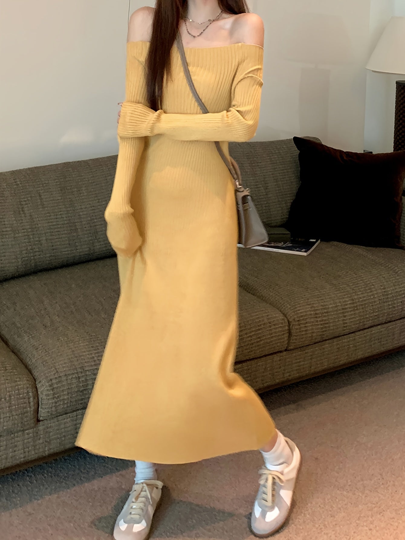 Sixsr Solid Off Shoulder Slim Dress, Elegant Long Sleeve Dress For Spring & Fall, Women's Clothing