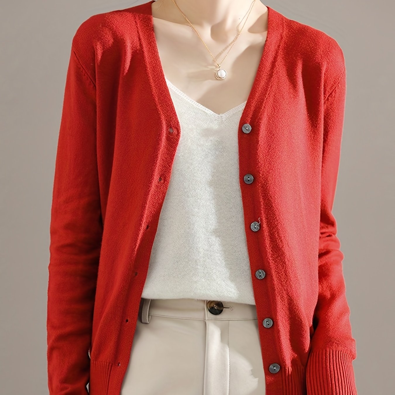 Sixsr Elegant V-neck Solid Cardigan, Long Sleeve Cardigan For Spring & Fall, Women's Clothing