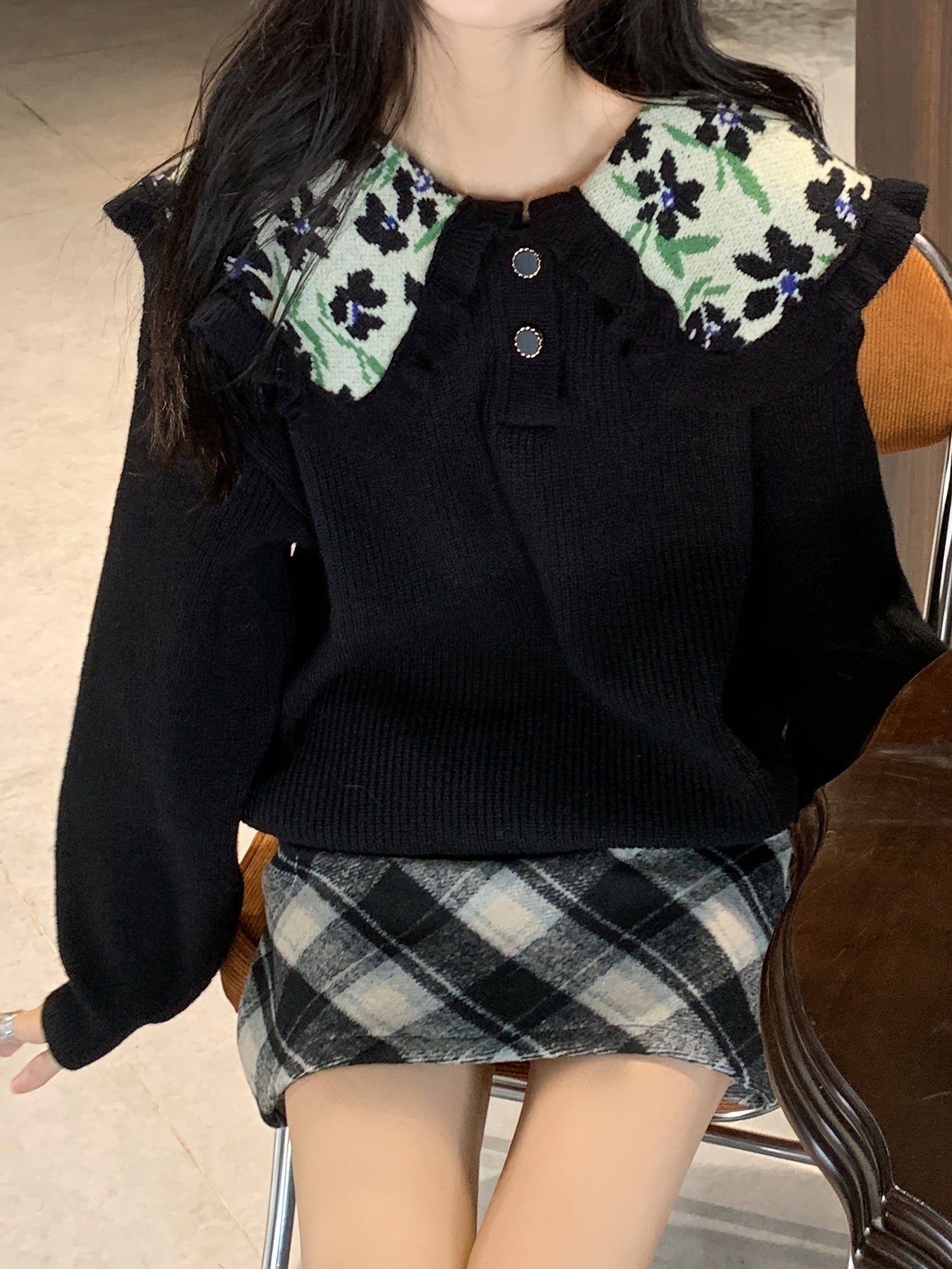 Sixsr Floral Pattern Ruffle Trim Lapel Sweater, Casual Long Sleeve Button Sweater For Fall & Winter, Women's Clothing