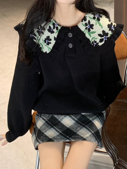 Sixsr Floral Pattern Ruffle Trim Lapel Sweater, Casual Long Sleeve Button Sweater For Fall & Winter, Women's Clothing