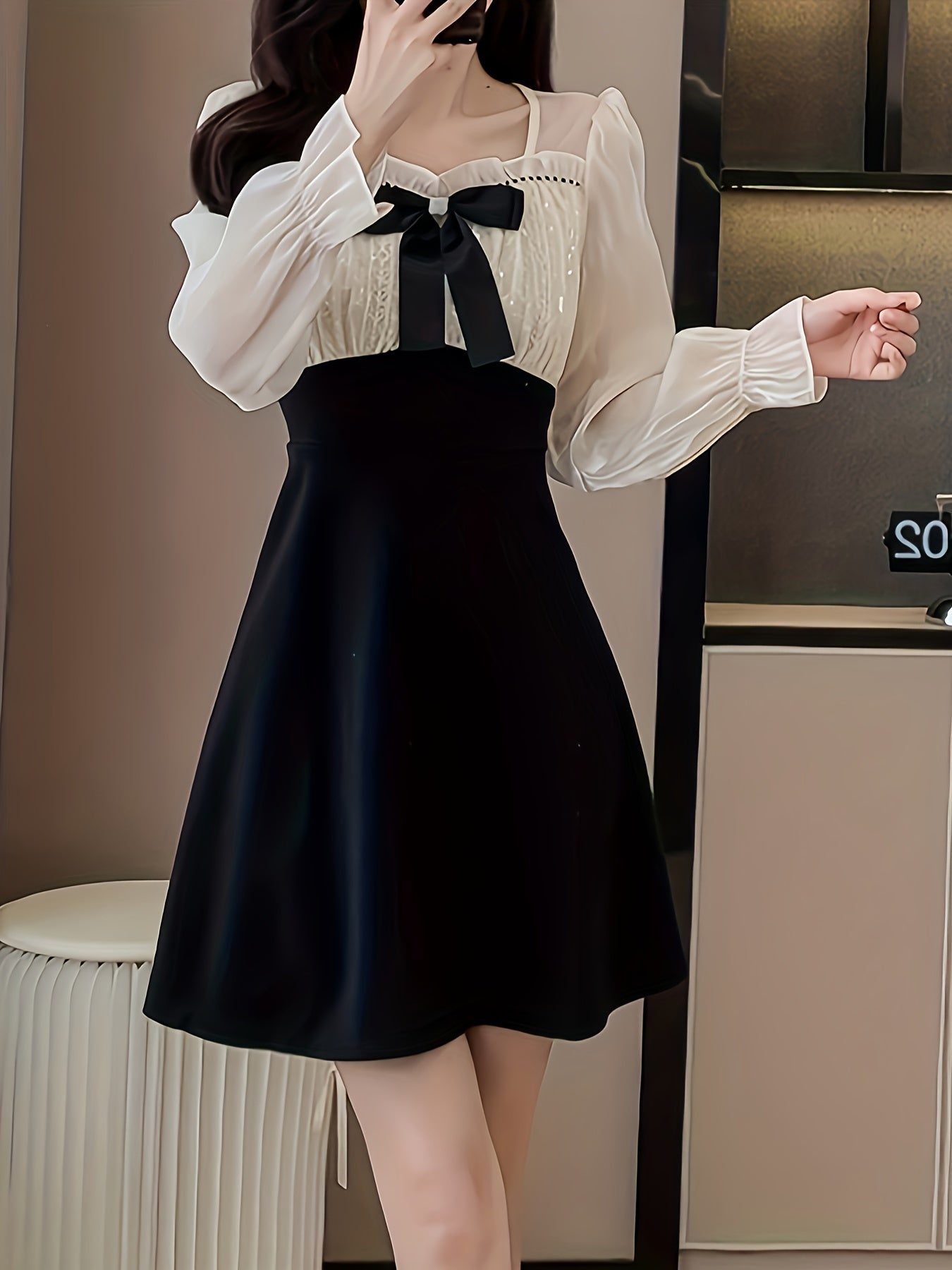 Sixsr Color Block Bow Tie Dress, Elegant Ruffle Trim Long Sleeve Dress, Women's Clothing