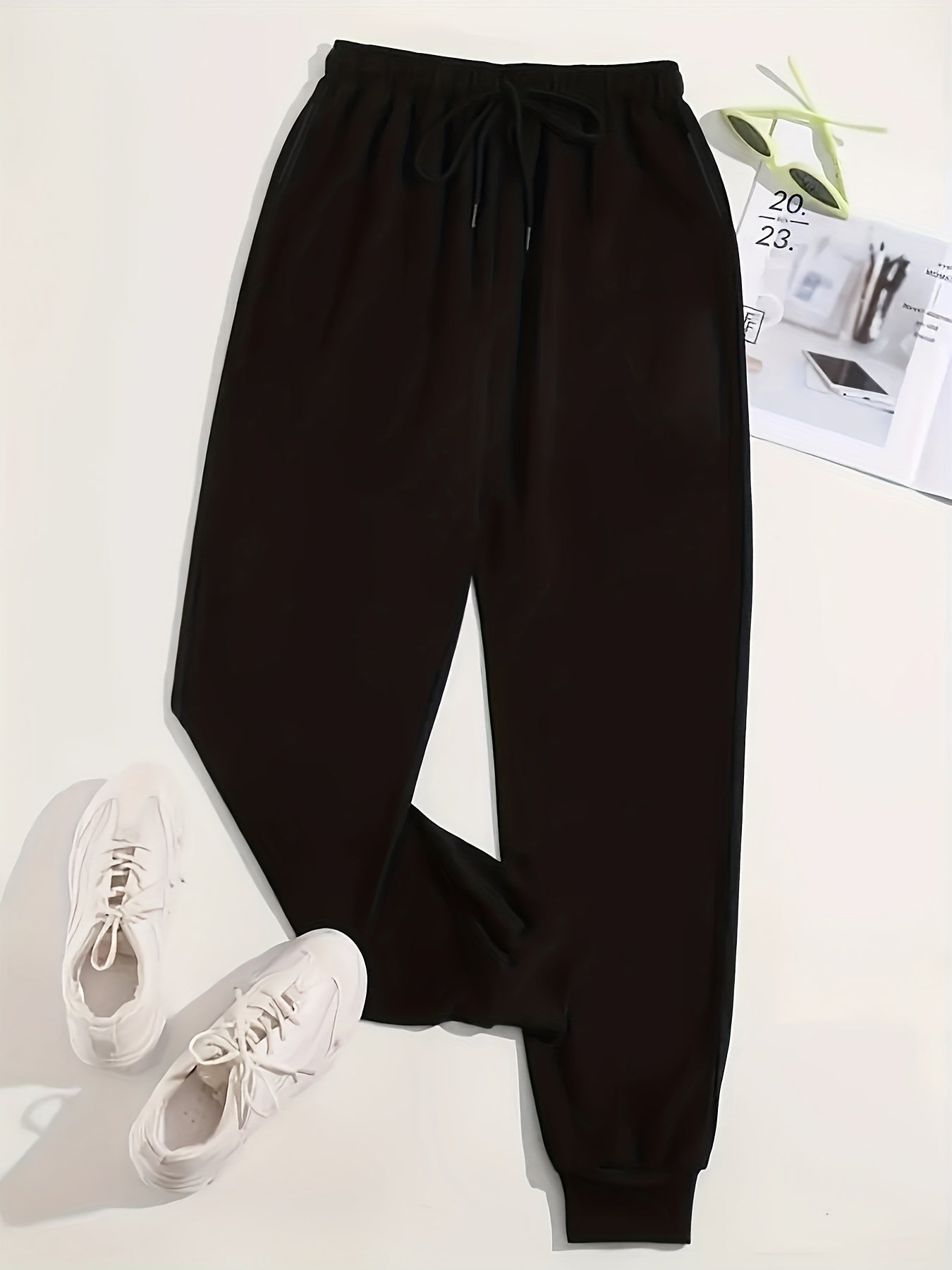 Solid Drawstring Fitted Bottom Joggers, Casual Sporty Pants For Spring & Fall, Women's Clothing