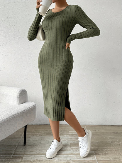 Sixsr Ribbed Solid Split Dress, Casual Crew Neck Long Sleeve Dress, Women's Clothing