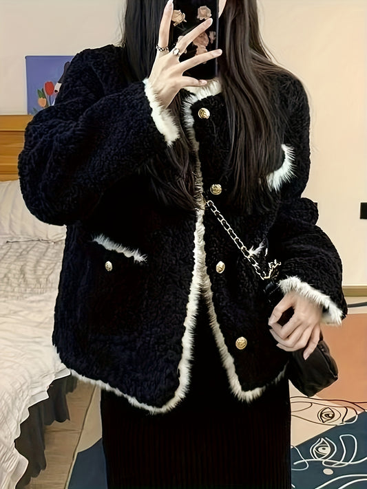 Sixsr Fuzzy Trim Fall & Winter Jacket, Elegant Button Front Long Sleeve Outerwear, Women's Clothing