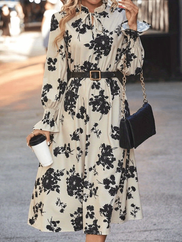 Floral Print Tie Front Dress, Elegant Cinched Waist Long Sleeve Dress, Women's Clothing