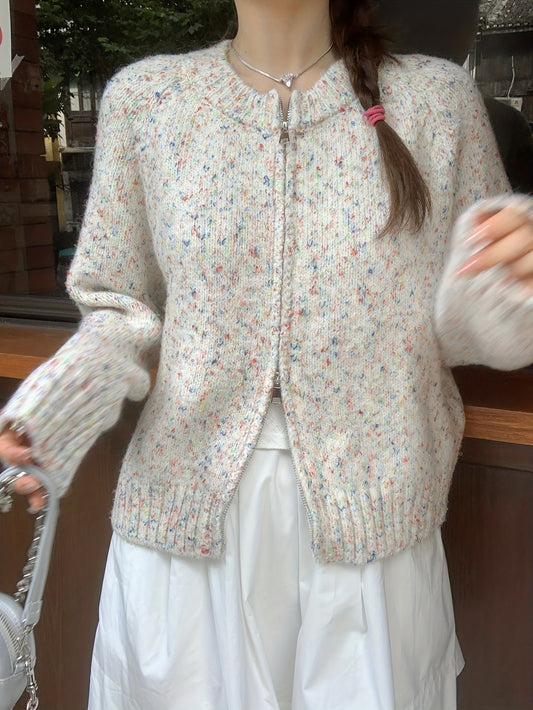 Sixsr Colorful Dot Zip Up Knit Cardigan, Casual Long Sleeve Sweater Coat, Women's Clothing