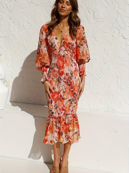 Floral Print Shirred Ruffle Hem Dress, Elegant Lantern Sleeve V Neck Dress, Women's Clothing