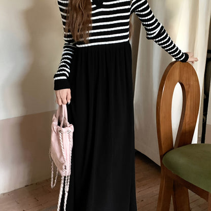 Contrast Stripe Notch Neck Knitted Dress, Casual Long Sleeve Sweater Dress, Women's Clothing