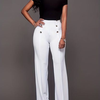 Sixsr Casual Button Elastic Slim Pants, Loose High Waist Solid Fashion Comfy Slim Spring Fall Pants, Women's Clothing