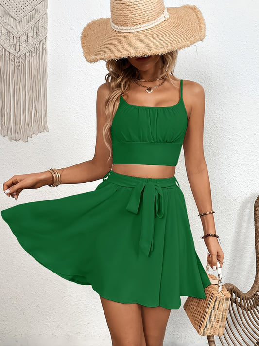 Casual Solid Two-piece Skirt Set, Crop Cami Top & Tie Front Skirt Outfits, Women's Clothing