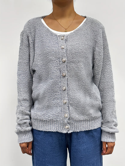 Sixsr Solid Button Down Knit Cardigan, Casual Crew Neck Long Sleeve Sweater, Women's Clothing