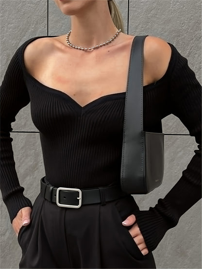 Sixsr Solid Sweetheart Neck Slim Sweater, Versatile Long Sleeve Knitted Top For Fall & Winter, Women's Clothing