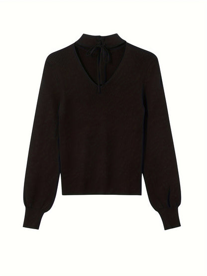 Sixsr  Solid Lace Up Mock Neck Knit Sweater, Elegant Cut Out Long Sleeve Stylish Sweater, Women's Clothing