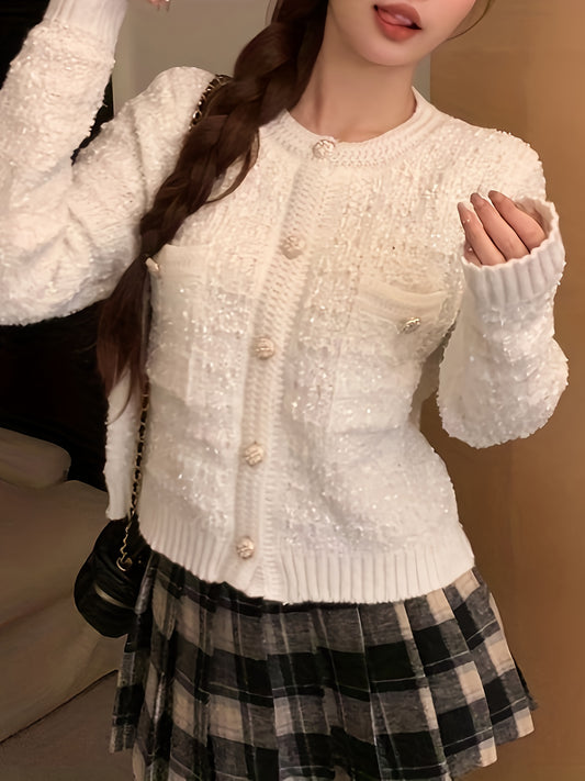 Sixsr Solid Button Front Cardigan, Elegant Long Sleeve Outwear, Women's Clothing